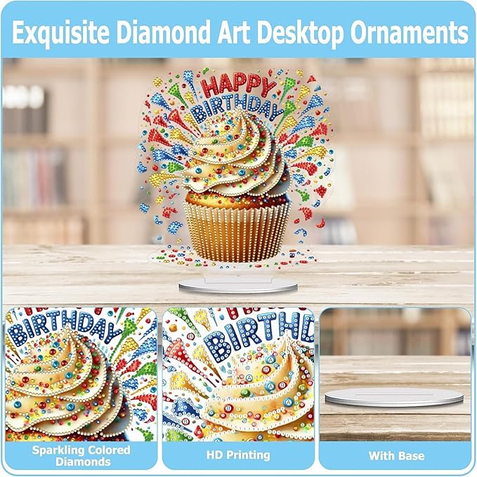 ARTopet DIY Diamond Desktop Ornament PET Irregular Shape Special Shaped Crystal Double Sided Pattern Single Sided Diamond Art Painting Tabletop Home Ornaments Decor-Birthday Cupcake