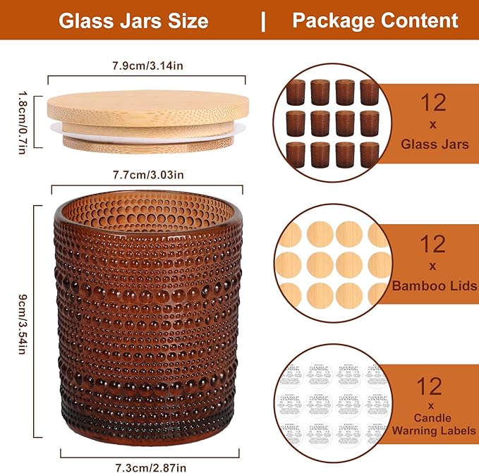DARJEN 12 Pack Amber Candle Jars for Making Candles- 8 OZ Empty Glass Candle Making Jars with Bamboo Lids and Labels, Candle Containers Candle Making Kits for DIY Gifts