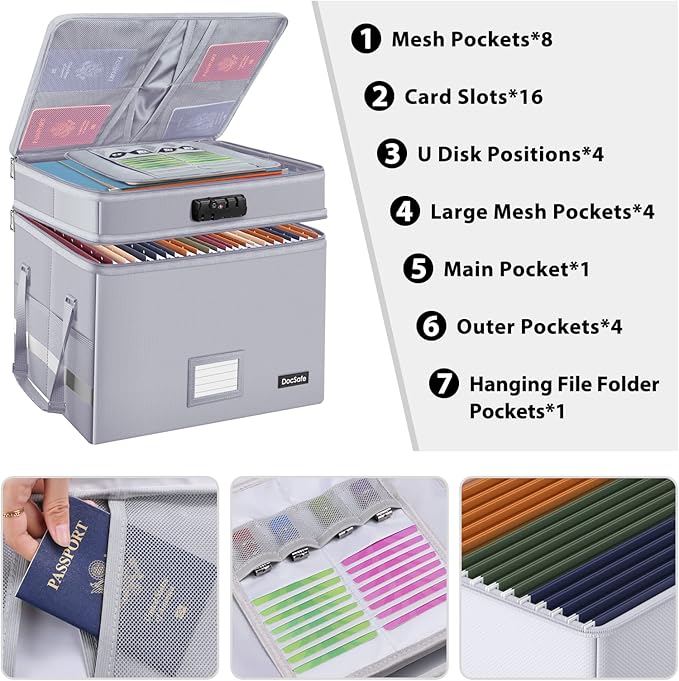 DocSafe File Box with Lock,Multi-Layer Fireproof Document Box Collapsible File Storage Organizer with Pocket,Large Portable Home Office Filing Cabinet Safe for Hanging Letter/Legal Size Folder,Silver