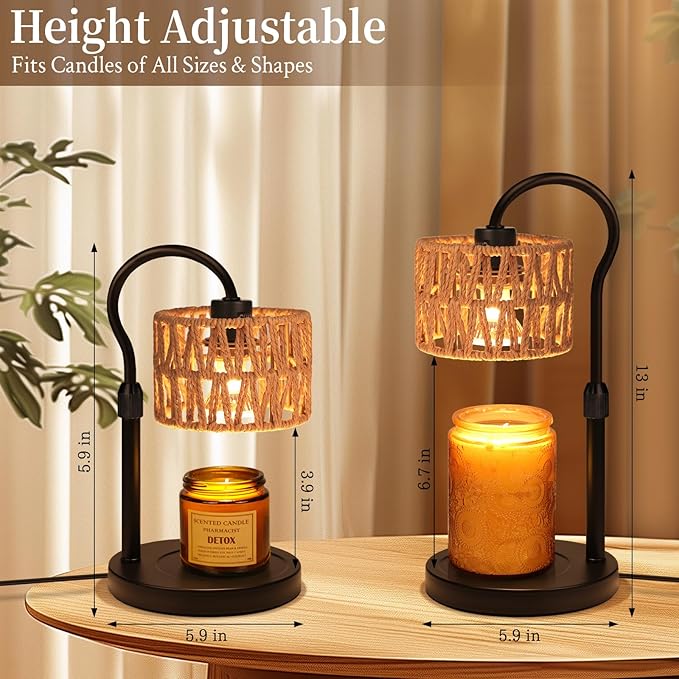 Candle Warmer Lamp,Adjustable Height with 2 Bulbs，Boho Rattan Candle Lamp with Dimmer & Timer, Flameless Fragrance Diffuser for Scented Wax Melts, Mothers Day and Birthday Gifts for Home, Office