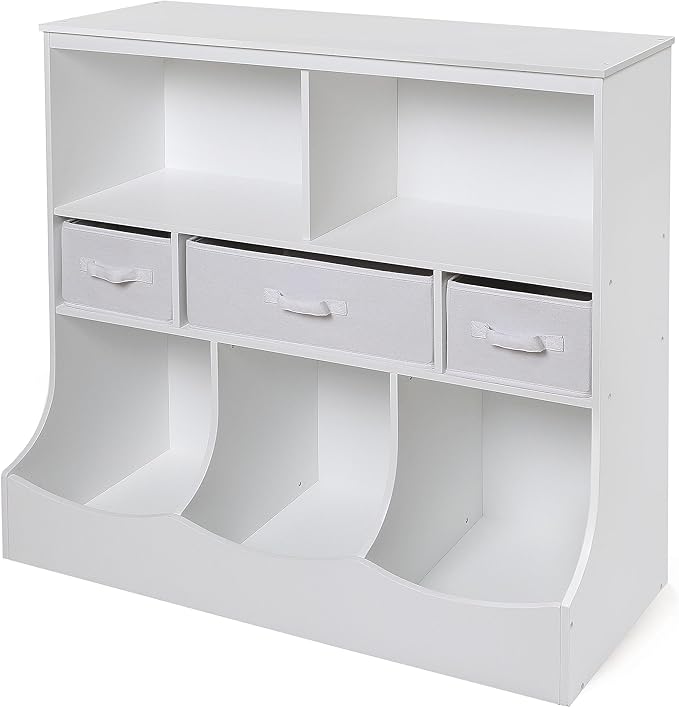 Badger Basket Combo Toy Storage Organizer and Bookshelf - Kids Storage Unit with 3 Removable Baskets, Open Shelves, Top Display Surface - White
