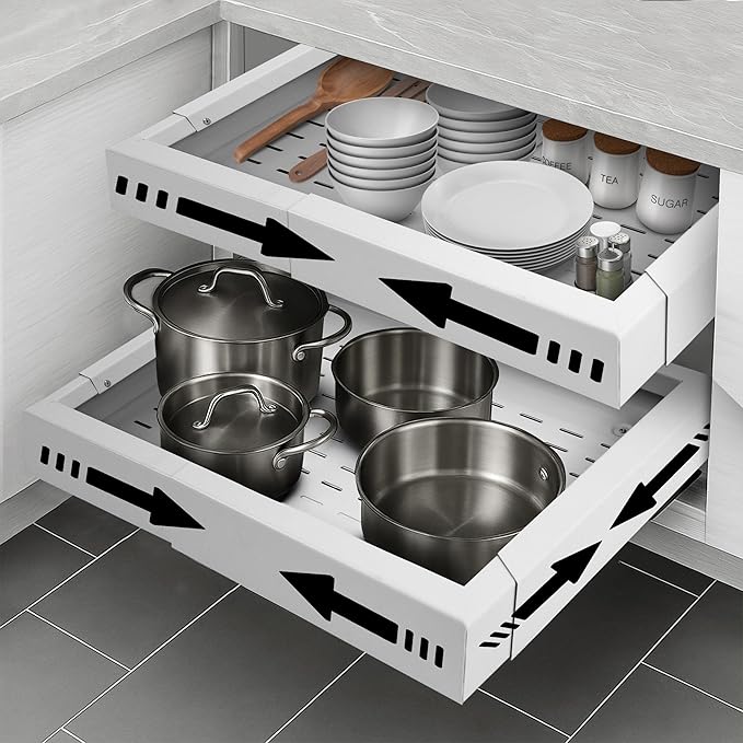 Heavy Duty Single Pull Out Cabinet Organizer for Kitchen Drawer or Shelf – Expandable in Width & Depth, Slides Out for Easy Access, Holds up to 50 lbs – 14.3"-22.4" Deep, 15.7"-24" Wide - White