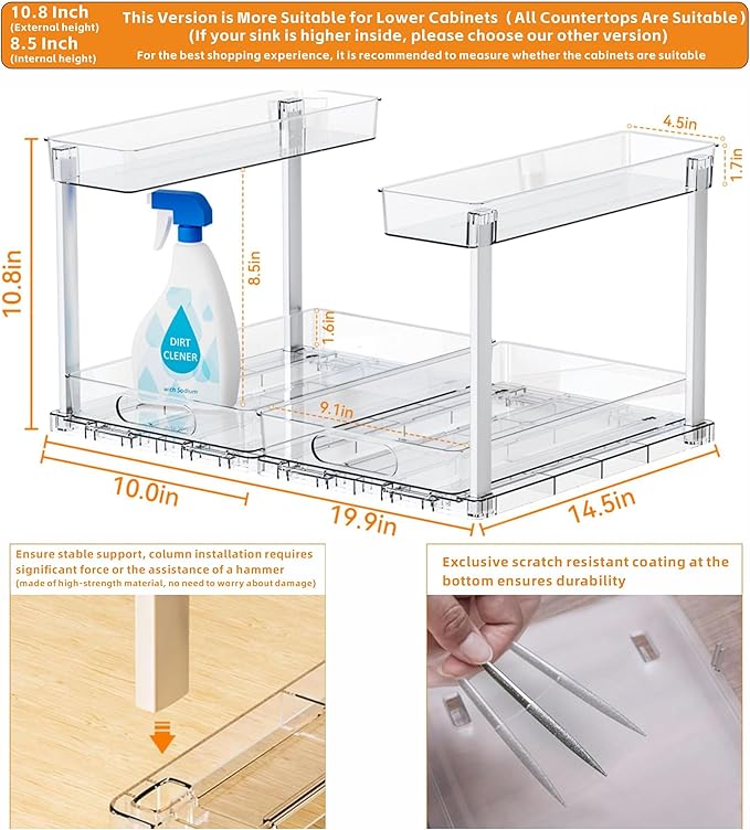 Yieach 2 Pack Under the Sink Organizer for Under Bathroom Sink,14.5″ Deep Sliding Inder Sink Organizer for Kitchen Cupboard,2 Tier Undersink Organizers for Vanity,Under Counter Storage Organization