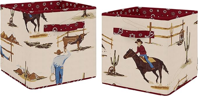 Sweet Jojo Designs Tan and Red Cowboy Foldable Fabric Storage Cube Bins Boxes Organizer Toys Kids Baby Childrens for Wild West Collection Set of 2