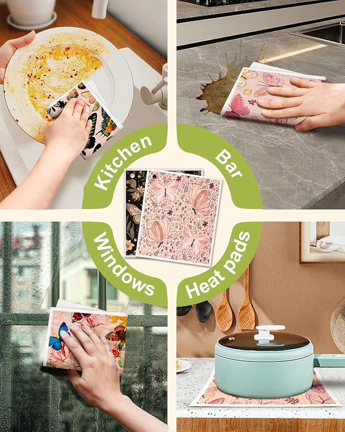 Miss Adola 8 Pack Reusable Kitchen Swedish Dishcloths for Washing Dishes Cloths Absorbent Fast Drying Cleaning Sponge Cute Decorate Washable Swedish Towels, Butterfly