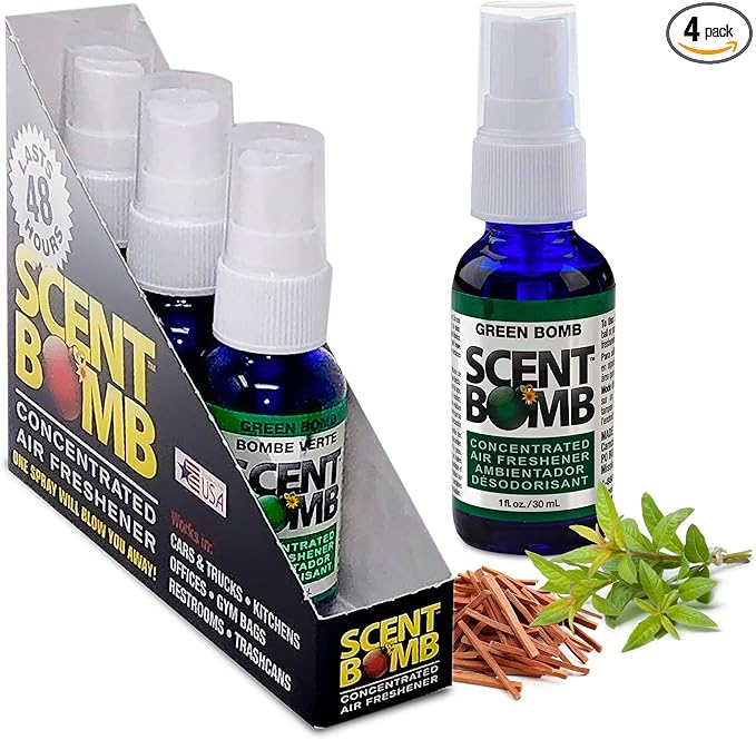 Scent Bomb Air Freshener Spray, Long-Lasting Odor Eliminator - Effective Deodorizer for Home & Car, Fresh Room Spray for Kitchen, Bathroom & Smell Neutralizer - 1 oz Pack of 4, Green Bomb Scent