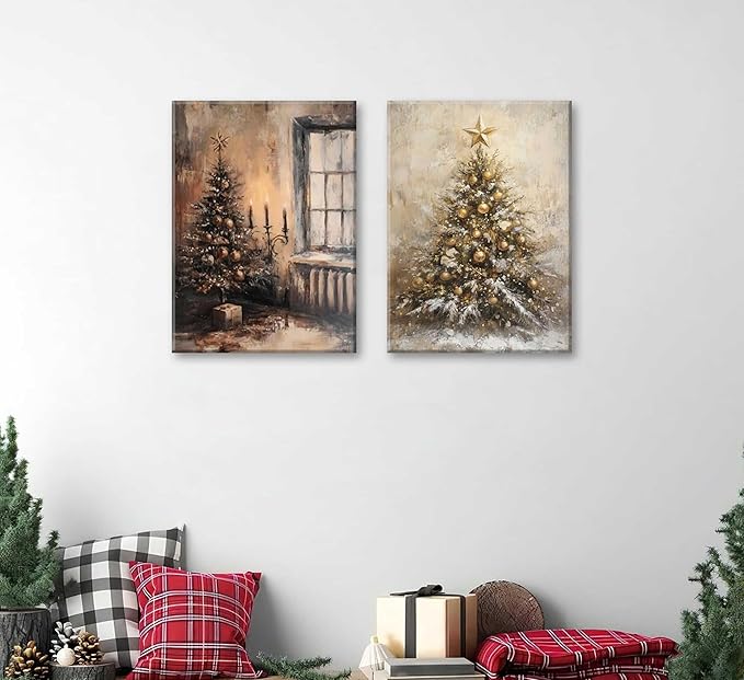 Paint by Number Kit with Inner Frame, 2 Pack 16x20 Inch Christmas Scenes - Vintage Tree & Golden Snowy Tree, DIY Acrylic Painting Sets for Adults Kids Gift