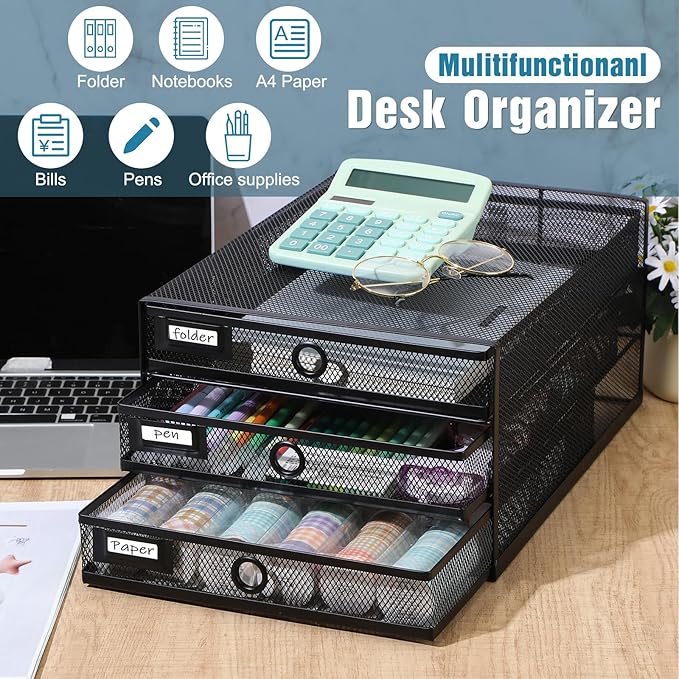 Zhanmai 1 Pack Black Desk Organizer with Drawer Total Wire Mesh Storage Tray Multifunctional Paper Sorter File Stand for Home Office Supplies Letter A4 Paper Office Accessories Back to School (3 Tier)