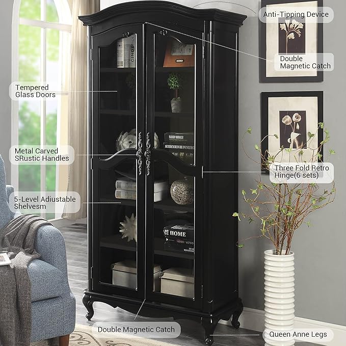 Farmhouse Arched Display Cabinet Bookcase Bookshelf with Glass Doors and Adjustable Shelves, 72" Tall 6 Tiers French Country-Inspired Wooden Curio Cabinet for Living Room, Office (Distressed Black)