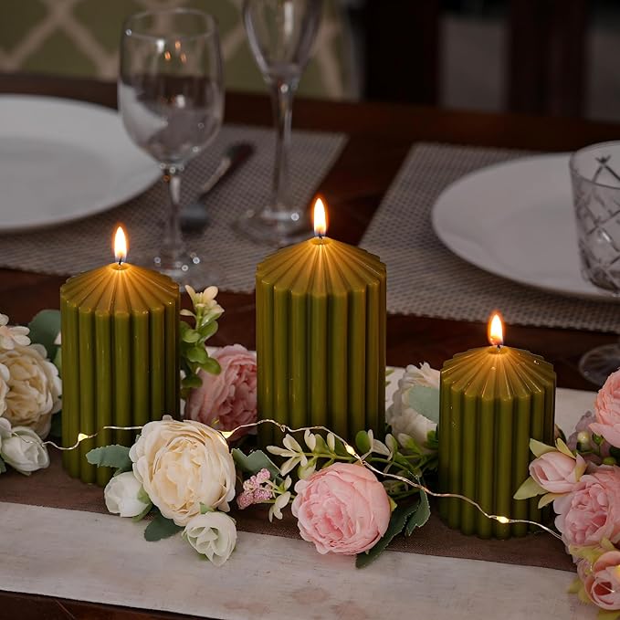 3 Pack Dark Green Ribbed Pillar Candles - Soy Wax Unscented, 2.76"x4.2/4.9/5.9 in Smokeless Non Toxic Cotton Wick, Aesthetic Modern Candles for Home Decor, Dinner Table, Living Room, Housewarming Gift