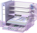 SUPEASY Desk Organizer with File Holder, 5-Tier Mesh Paper Letter Tray Organizer with Pen Holder and Drawer, Desktop Organizer and Storage with 3 Tilted File Sorter for Office Supplies, Purple