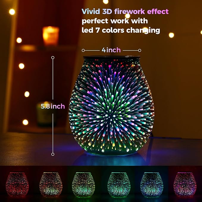Inrorans Glass Electric Wax Melt Warmer Oil Burner with Stable Heating PTC Reusable Silicone Tray 7 Colorful Changing Led Light Night Light Scent Warmer for Home Fragrance Warmers-Fireworks Timer