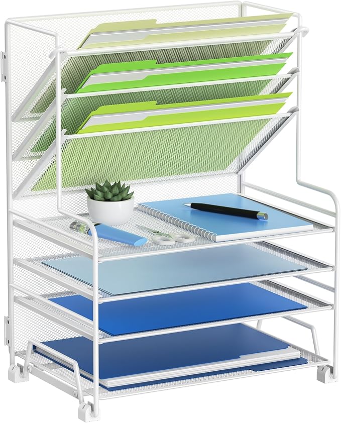 MINDEPOT 4-Tier Paper Organizer + 3-Pocket File Holder + Drawer + Pen Holders, Desktop File Organizers Paper Tray for Office Supplies School Classroom Organization (White, no Drawer & Pen Holder)