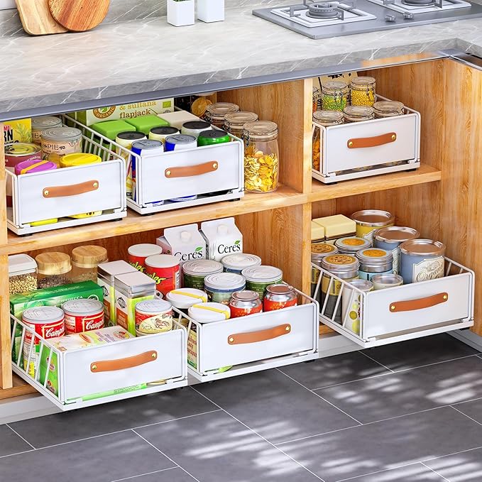 Pull out Cabinet Organizer,Heavy Duty Slide out Pantry Shelves Drawer Storage with Adhesive Nano Film,Sliding Mesh Cabinet Basket with Handle for Kitchen, Bathroom, Home, 9.8"W X 15.7"D X 6.2"H,White