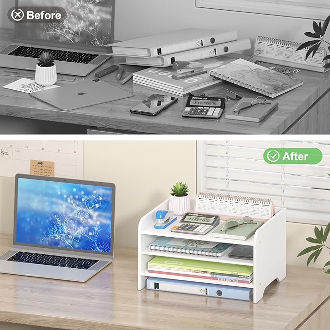 Desk File Organizer 4-Tier Desktop Paper Mail Organizer Document Holder for Home Office Supplies, Office Desk Accessories & Workspace (White)