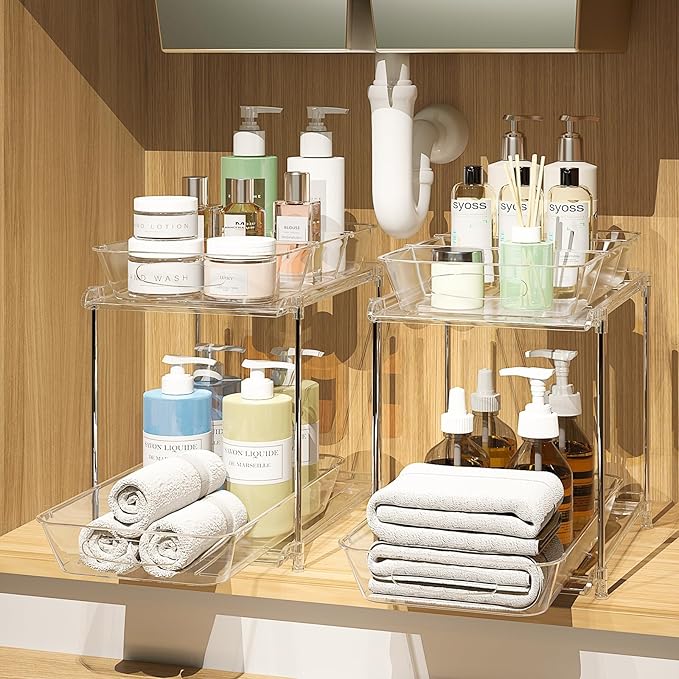 Under Sink Organizer, Bathroom Organizers and Storage, 2 Tier Multi-Use Pull Out Cabinet Organizer with Hang Hooks and Cups (transparent, 2 Pack)