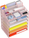 Docnest 6 Tier Mesh Desk Organizer for Paper Office Supplies – Multi-Functional Letter Tray with 5 Adjustable Compartments, 9 Pen Holders, Desktop Storage for Files, Mail, Stationery – Pink