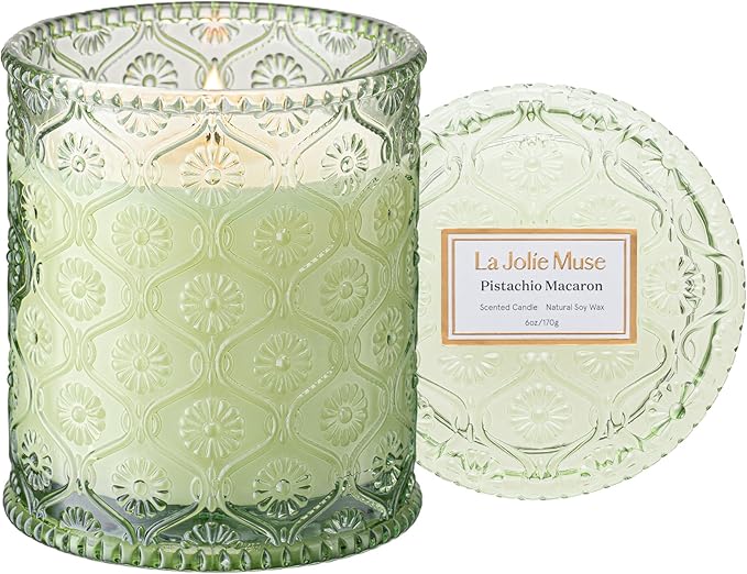LA JOLIE MUSE Pistachio Macaron Scented Candle | Pistachio, Milk & Vanilla | 6 oz Natural Soy Wax | 40 Hours Clean Burn | Holiday Gift for Dessert Lovers | Seasonal Home Décor