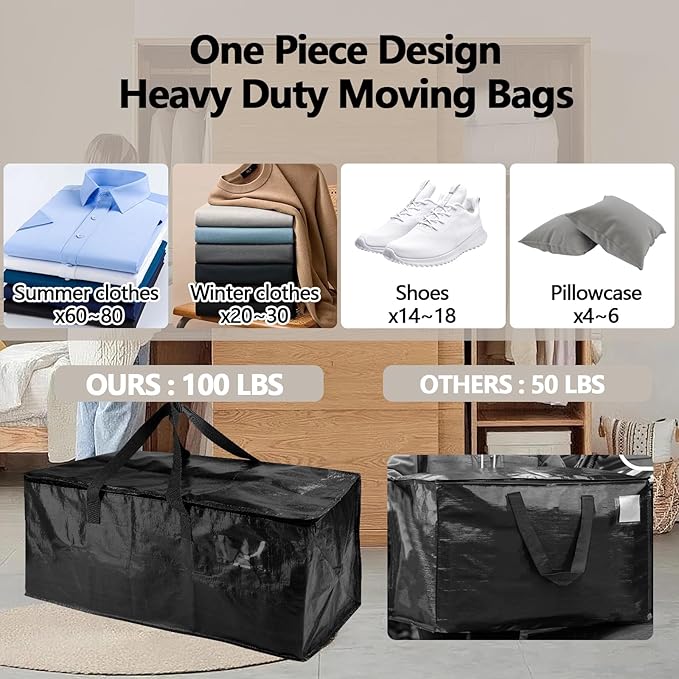 4 Pack Real 100lb Capacity Heavy Duty Moving Bags with Strong Zippers and Reinforced Handles, Extra Large Storage Totes for Packing & Moving Storing, Space Saving Alternative to Moving Boxes-95L,Black