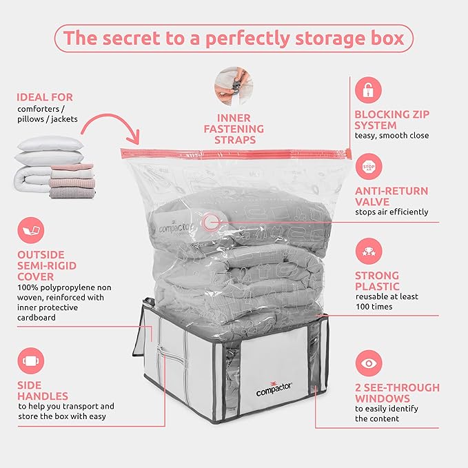 Compactor Vacuum Storage Bag with Semi-Rigid Structured Box, Polypropylene & Nylon Vacuum Storage Bags, Vacuum Seal Bags for Clothing and Bedding, Closet Organizer (White, Medium)
