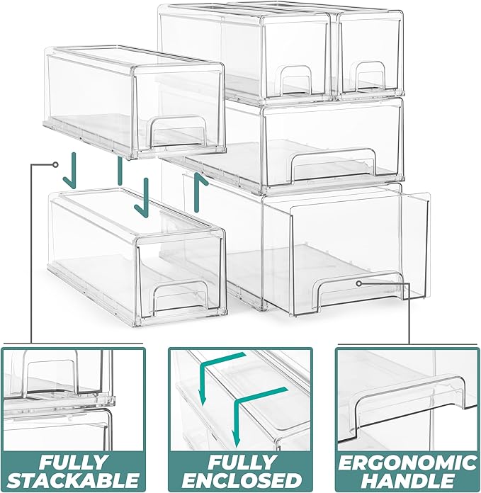 Sorbus Small Wide Clear Stackable Storage Drawers – 6-Pack Plastic Organizer Bins with Handles – Stackable Pull-Out Storage Drawers for Closet, Pantry, Office, Bathroom, Craft, and Toy Organization