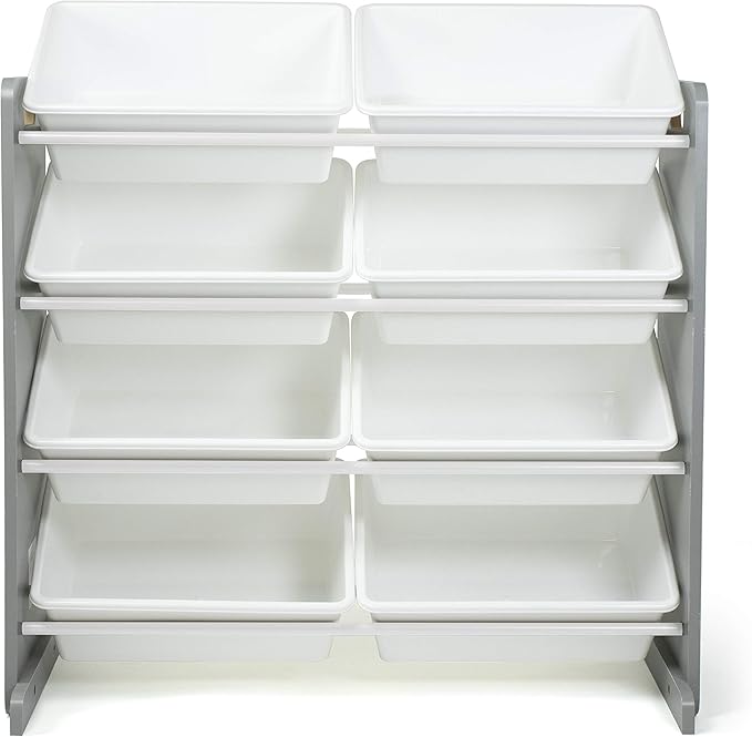 Humble Crew 8-Bin Toy Organizer – Large Storage Bins with Grey Wood Frame & White Plastic Totes, 4-Tier Kids’ Organizer Shelf with Safety Braces and Anti-Tip Kit