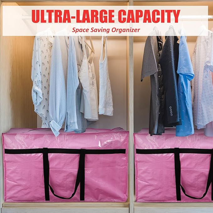 Windyun 4 Pack 57 Gallon Extra Large Moving Bags XXL Heavy Duty Storage Bag with Strong Zipper Handle Jumbo Big Tote Box Foldable for College Dorm Travel Clothes Duffle Blanket Pillow(Pink)