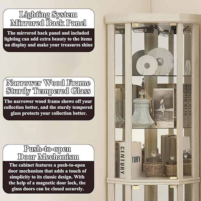 69" H Lighted Curio Cabinet Corner Display Case,Corner Glass Cabinets with Tempered Glass Door and Adjustable Shelves,Wooden Curio Cabinet with Mirrored Back Pane(Style 1 - Antique White)