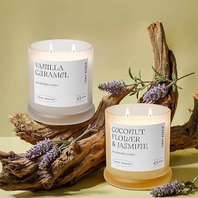Hidden Label Coconut Flower & Jasmine Scented Candle | 2 Wick Large Candles for Home Scented 13oz 75Hour Long Lasting Slow Burning | Aromatherapy Candle for Home Decor, Stress Relief & Relaxation