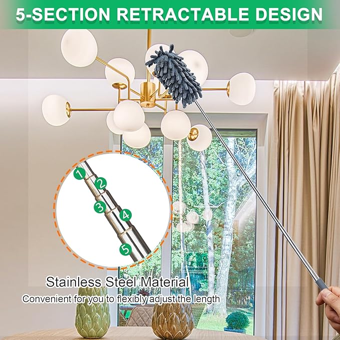 2 Pack Microfiber Duster for Cleaning, Washable Dusters, Extendable Pole, Up to 30 Inch Reachable, Wet and Dry Use Cleaning Tools for Car, Ceiling Fan, Window, Furniture, Office