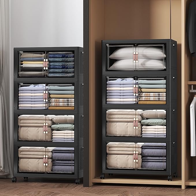 Extra Large Stackable Storage Bins with Lids & Wheels, Foldable Collapsible Closet Organizers Dark Storage Cabinet with Doors for Bedroom Dorm