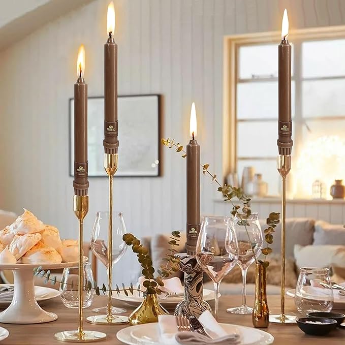 Brown Short Taper Candle 8 Inch Candlesticks Unscented Dripless Tapered Candle Set for Home Decor Wedding Party Dinner Candles, 4 Pack
