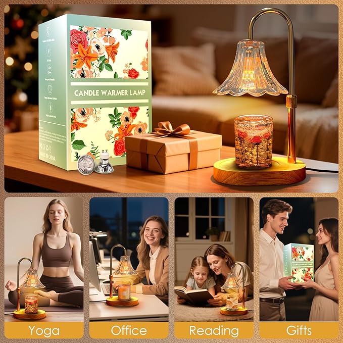 Banbanda Candle Warmer Lamp with Timer: Valentine Gifts for Women Mom, Adjustable Height, 3 Timing Mode, 4 Level Dimmable Flower Candle Warmer with 2 Bulbs for House Warming Gifts Room Decor