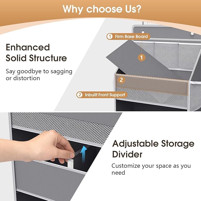 WISELIFE 5-Tier Over the Door Organizer for Hanging - 50LB Heavy-Duty Back of Door Organizer with 5 Spacious Pockets & 13 Mesh Pockets, Multipurpose Storage for Nursery, Bedroom, Closet(1 Pack, Gray)