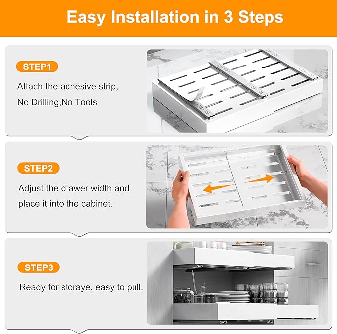 Kiseely 2 Pack Pull Out Cabinet Organizer Expandable, Adjustable Width 12.6"-20.6", Slide Out Drawers and Roll out Drawer for Pots and Pans, Adhesive No Drill Screw (White ND1)