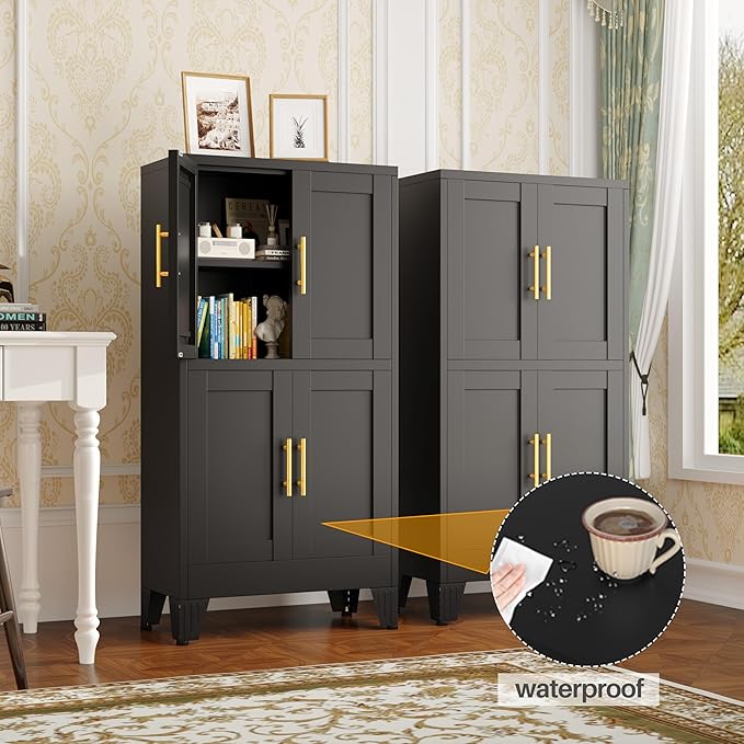 47“H Black Metal Bathroom Storage Cabinet, Kitchen Pantry Cabinet with Doors and 3 Adjustable Shelves, Bathroom cabinets Organizer, for Home Office, Bedroom