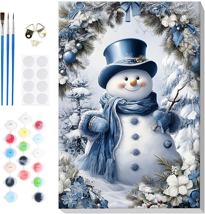 Bowetile Christmas Paint by Numbers for Adults Beginners Framed, Adults' Paint-by-Number Snowman Kits on Canvas, Acrylic Number Painting Christmas Gifts for Home Decor, 8x12in