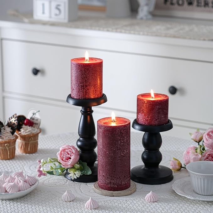 3x6 Inch Burgundy Pillar Candles Set of 3 - Hand-Poured Unscented Candles, Long Clean Burning, Dark Red Pillar Candle, Smokeless Dripless Candle for Dinner Table, Wedding, Home, Rustic Decor