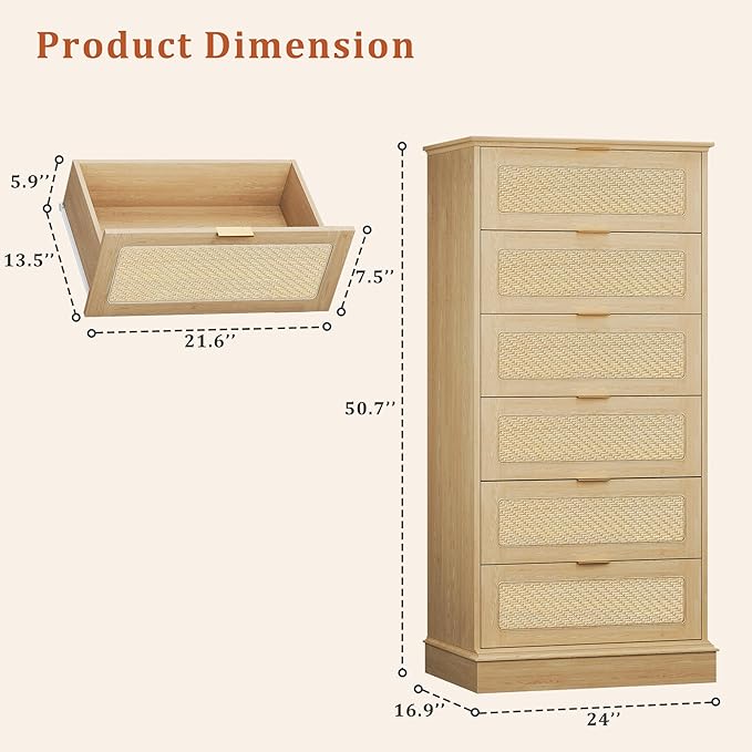 HUAHUU 6 Drawer Dresser for Bedroom, 50 Inch Tall Dressers & Rattan Chest of Drawers, Boho Style, Wood Modern Dressers Organizer for Bedroom, Living Room, Hallway, Entryway, Oak