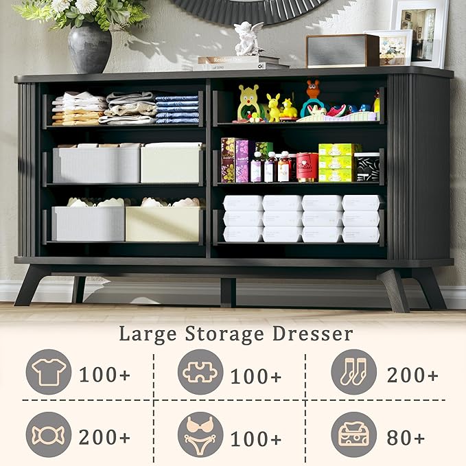 HUAHUU Fluted 6 Drawers Dresser for Bedroom, 55" Mid Century Modern & Chests of Drawers, Curved Profile Design, TV Stand, Wood Storage Dresser for Entryway, Hallway, Black