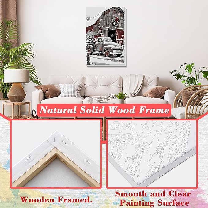 Skyboda Christmas Paint by Numbers Kit for Adults Beginners with Frame, Farmhouse Truck Adult Paint by Number Kits on Canvas, Easy DIY Oil Painting Kits for Home Decor, 8x12in
