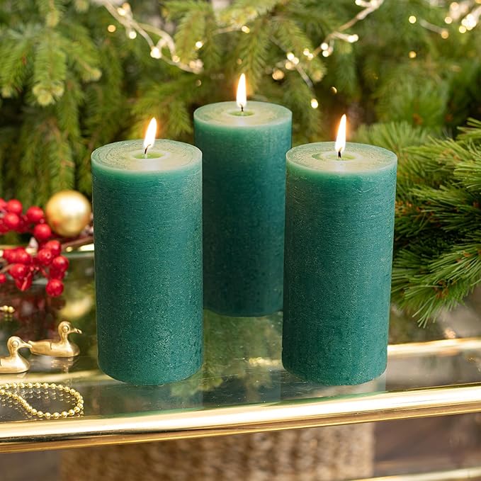 CANDWAX 3x6 Inch Green Pillar Candles Set of 3 - Large Unscented Dripless Green Candles, Rustic Decorative Style for Weddings, Special Events, Home Décor, Christmas Decorations