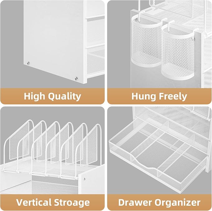 Marbrasse Desk Organizer with Drawer, 4-Tier Wooden File Organizer with 5 Vertical File Holders and 2 Pen Holders, Desk Organizers and Accessories for Home Office - White