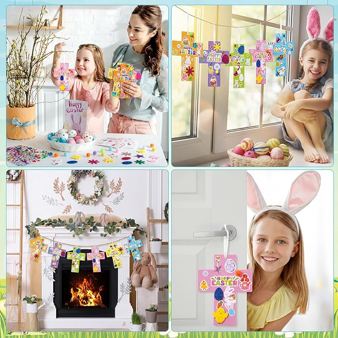 Funrous 48 Sets Easter Religious Crafts Bulk Cross Paper Crafts DIY Easter Eggs Bunny Jesus Christian Hanging Ornaments Arts with Stickers Pompoms for Sunday School VBS Classroom Spring Activities