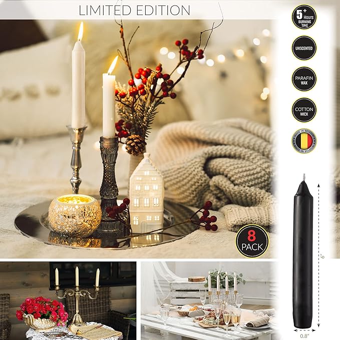 Straight Black Candlesticks - Pack of 8 6" Coated Black Candles - 5 Hour Long Burning Unscented Candles for Halloween, Chime, Wedding, and Home Decoration