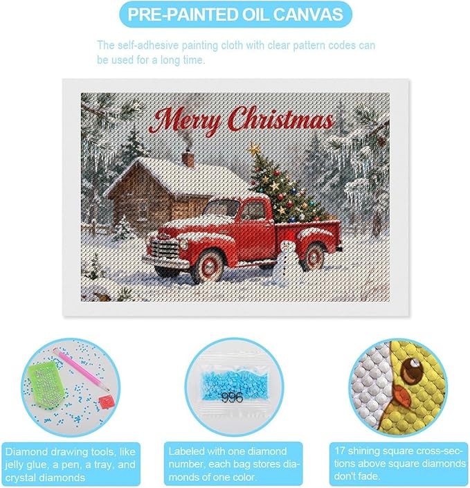 AIVKIEJK Diamond Painting Kits for Adults - Christmas Red Truck with Snowman, Snowy Cabin & Tree Painting DIY 5D Full Drill Diamond Dots Paintings with Diamonds Gem Art and Crafts Home Decor 8"x12"