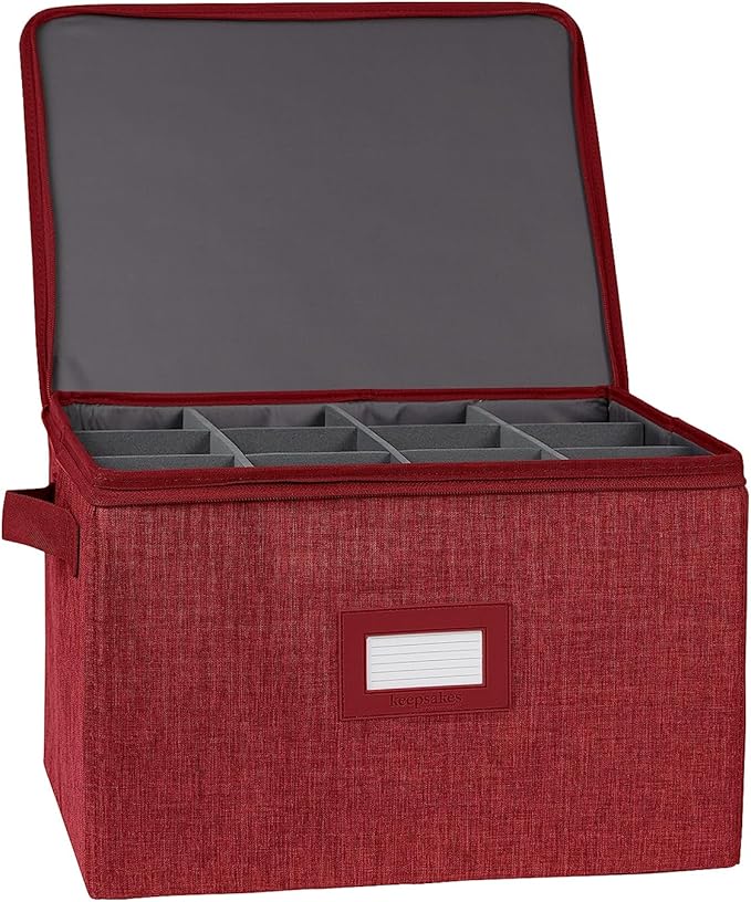 Covermates Cup and Mug Storage Box with Dividers, Stackable Organizer for Coffee Mugs & China Cups, Heavy-Duty Polyester with Handles, Zipper Closure & ID Window, Red Heather