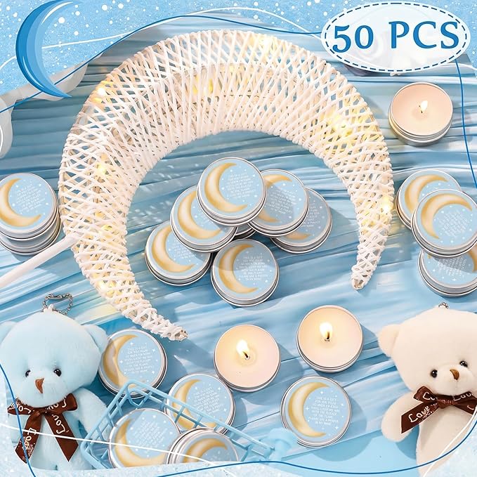MTLEE 50 Pcs Over The Moon Baby Shower Candles 1 Oz Moon and Star Baby Shower Favors Gift Travel Tin Candle Aromatherapy Favors (Light Blue)