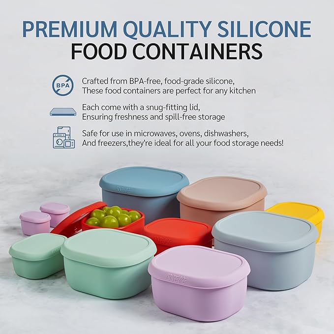 ISSEVE 12Pcs/Set Nesting Silicone Food Storage Containers with Lids, BPA Free Reusable Meal Prep Silicone Containers Airtight, Freezer Dishwasher Safe (33.8oz, 20oz, 10oz, 6.7oz, 1.3oz) (Green)