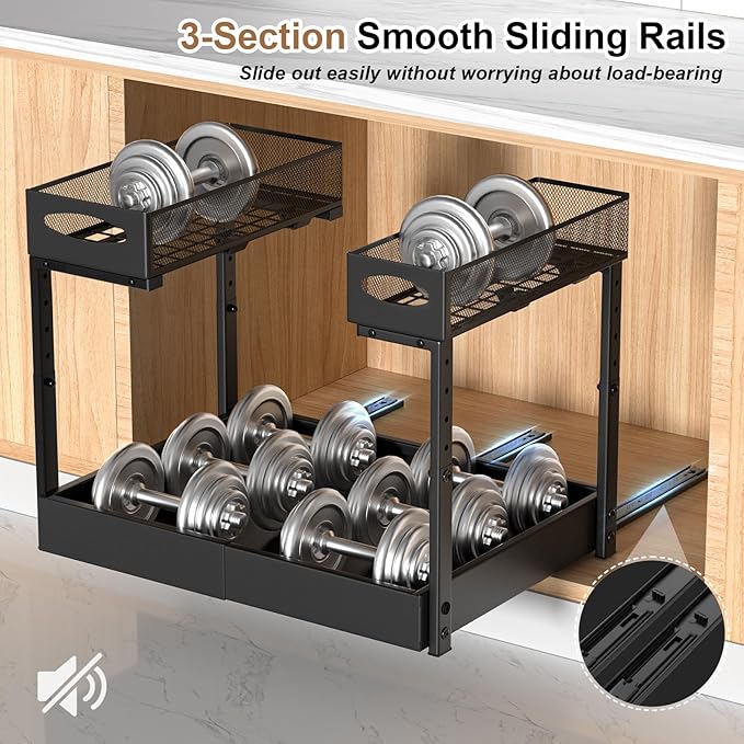 Housolution Under Sink Organizer, 14"-21" Width Expandable, 13"-17" Height Adjustable, 2 Tier Metal Pull Out Under Sink Storage Rack with 3 Sliding Rails for Kitchen Bathroom Cabinet, Double Side